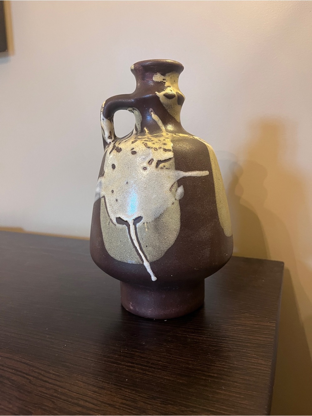 Vintage MCM Abstract Drip Glaze Signed Ceramic Handled Vase Jug Brutalist